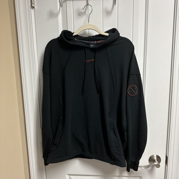 Nike Center Swoosh Hoodie Men’s Medium Black Loose Fit Waffle Knit Dri Fit - Picture 1 of 6